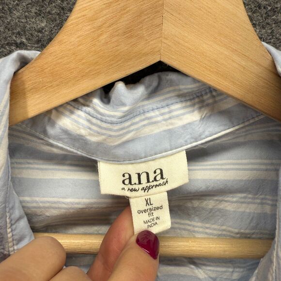 A New Approach Shirt Women XL Blue Striped Button Up Collared Long Sleeve Cotton - Picture 3 of 7